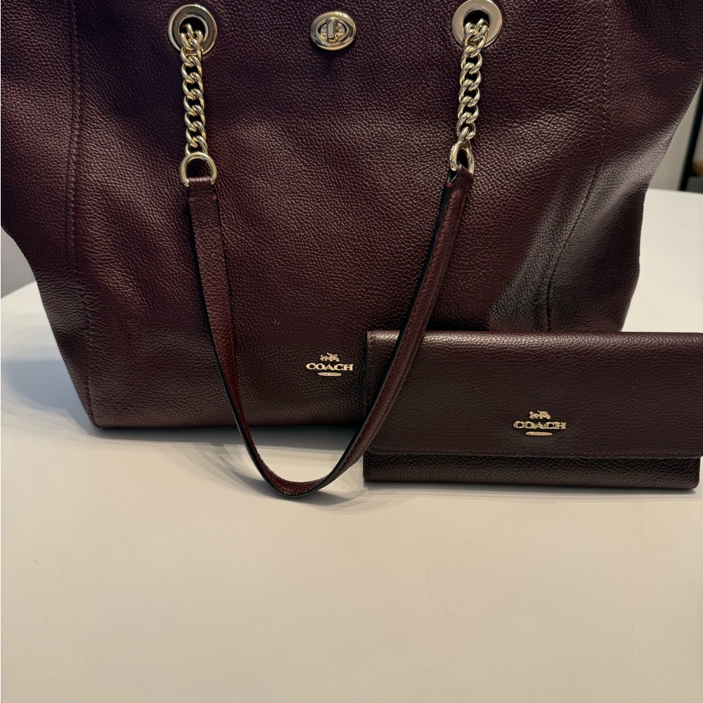 Coach Turnlock Dark Burgundy Chain Tote and Wallet Set